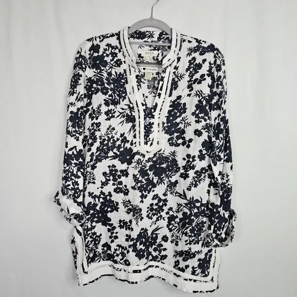Women's MALVIN I Love Linen Tunic Top size M 8 NAVY BLUE & WHITE Floral Boho LS - Picture 3 of 8
